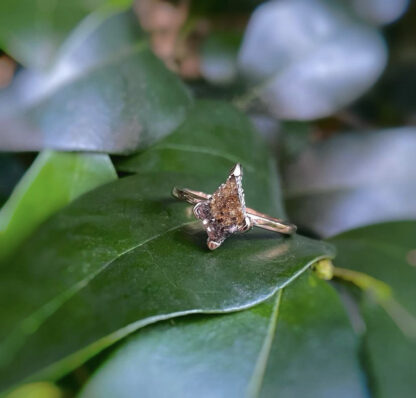 Kite shaped salt and pepper diamond ring on a leaf.