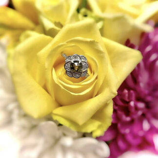 Salt and pepper ring sitting on a yellow flower..