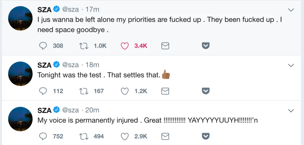 Tweets posted by SZA about hurt vocal cords.